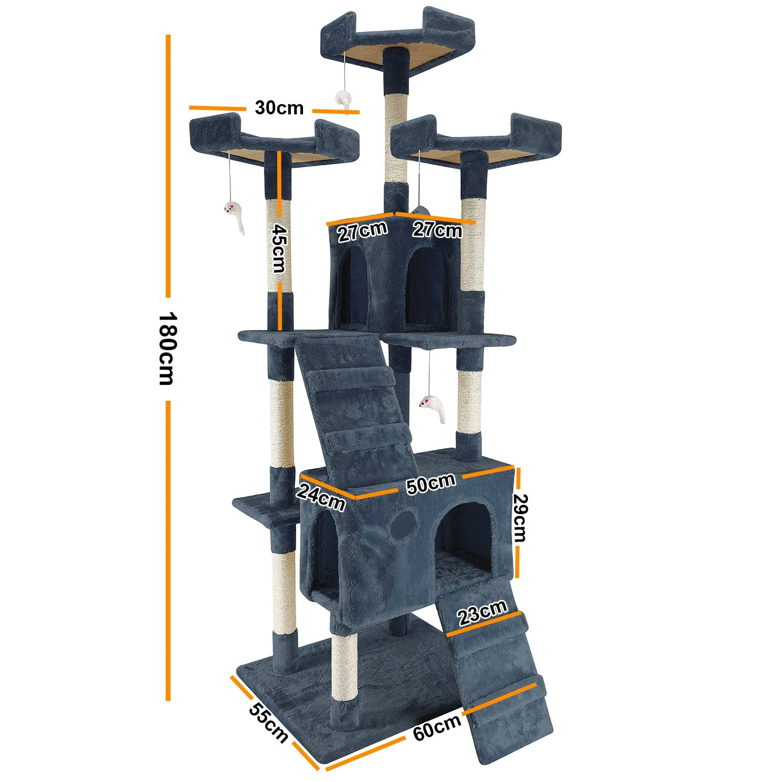 4Paws Cat Tree Scratching Post House Furniture Bed | Luxury Plush Play | 180cm | Grey