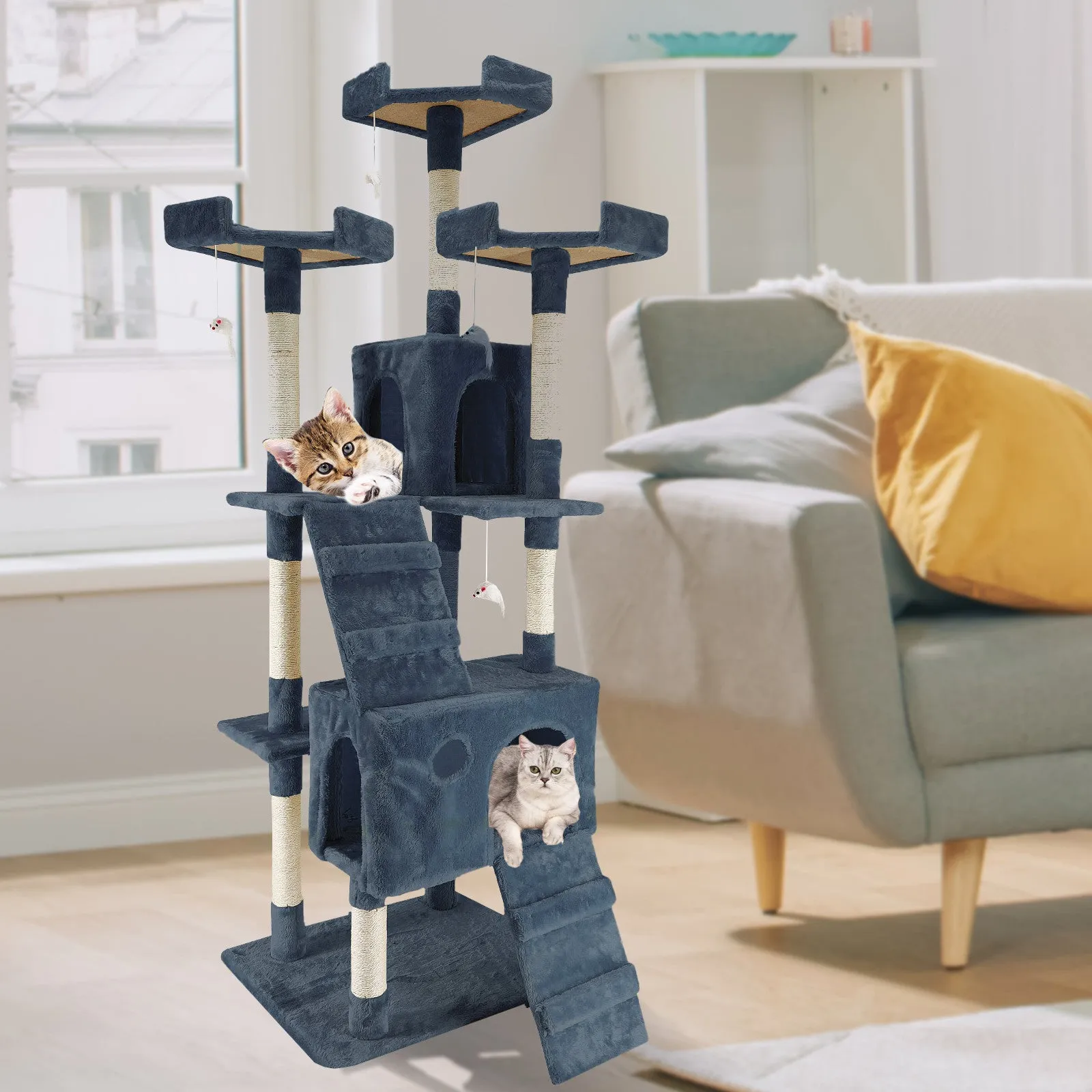 4Paws Cat Tree Scratching Post House Furniture Bed | Luxury Plush Play | 180cm | Grey