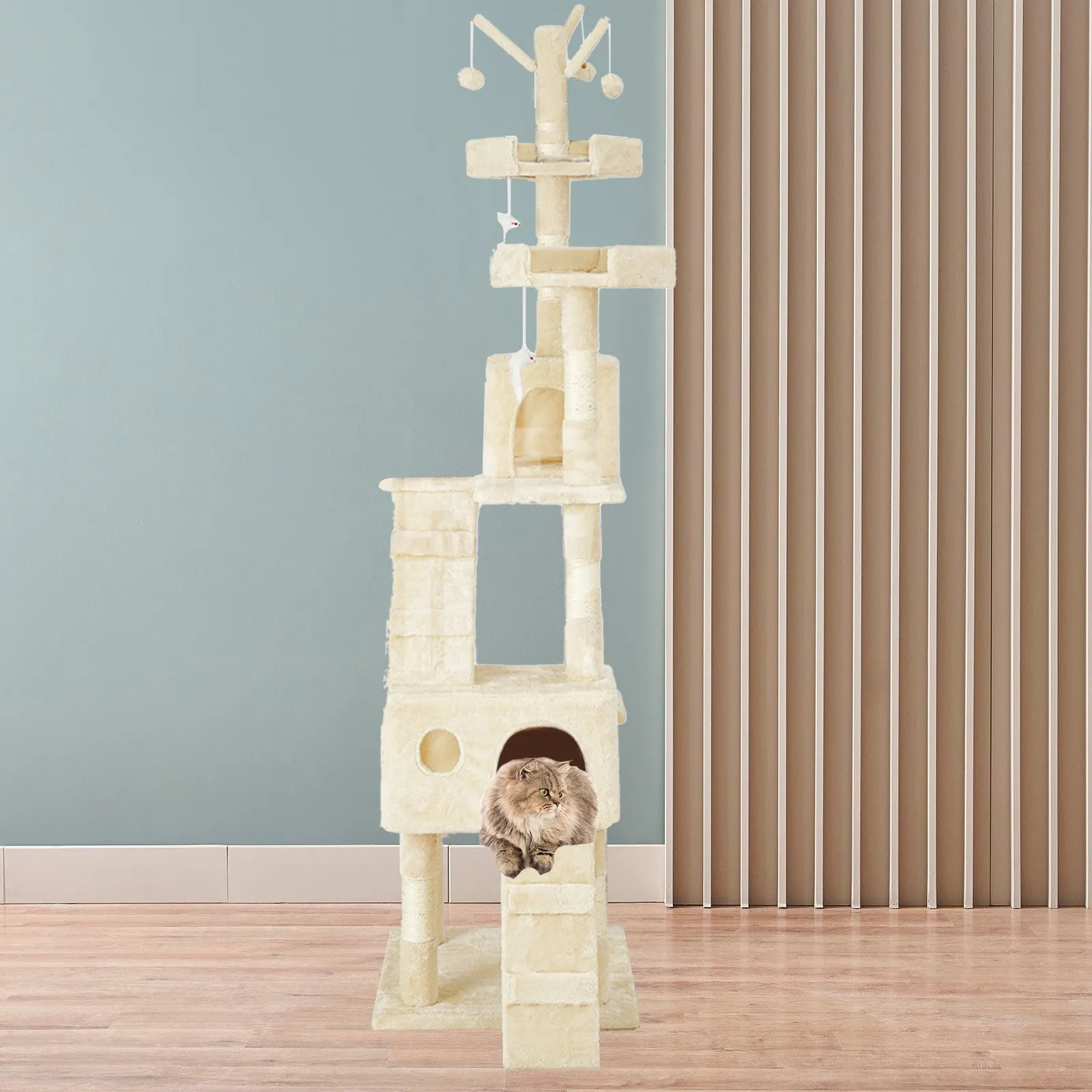 4Paws Cat Tree Scratching Post House Furniture Bed | Luxury Plush Play | 200cm | Beige