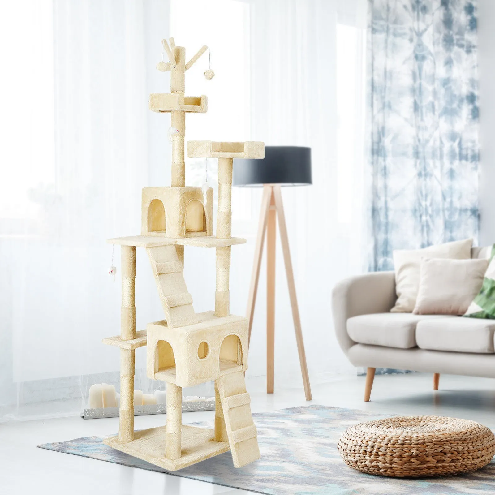 4Paws Cat Tree Scratching Post House Furniture Bed | Luxury Plush Play | 200cm | Beige