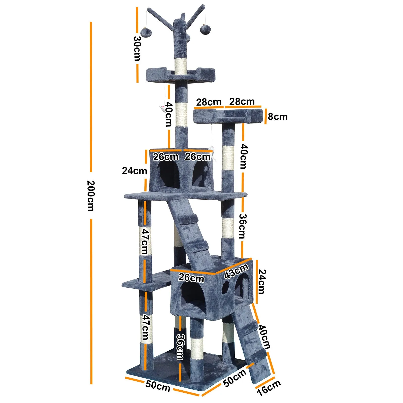 4Paws Cat Tree Scratching Post House Furniture Bed | Luxury Plush Play | 200cm | Grey