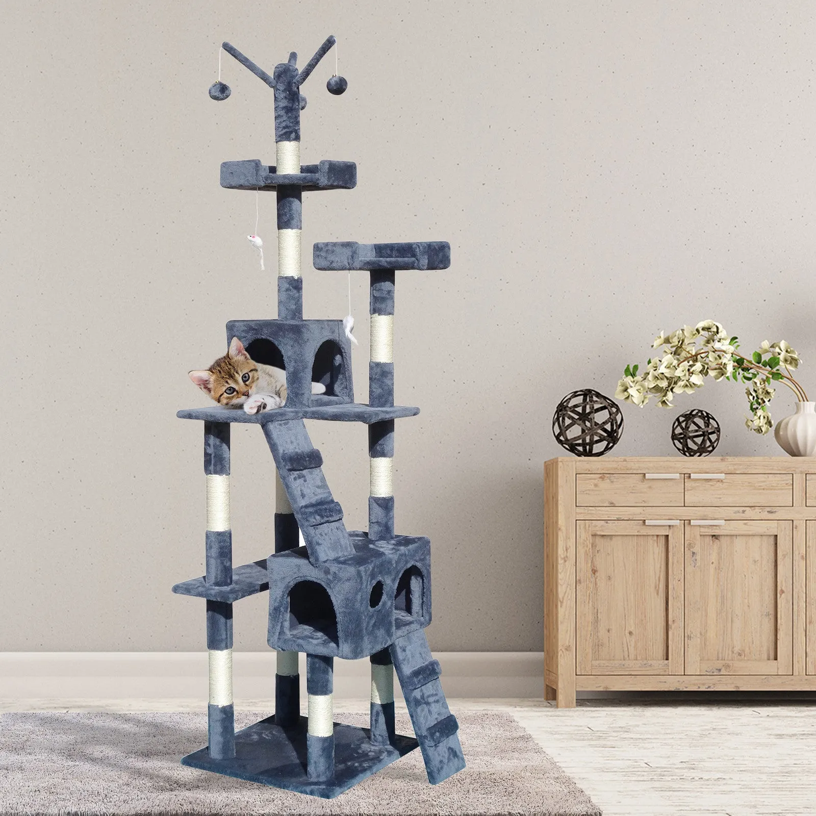 4Paws Cat Tree Scratching Post House Furniture Bed | Luxury Plush Play | 200cm | Grey