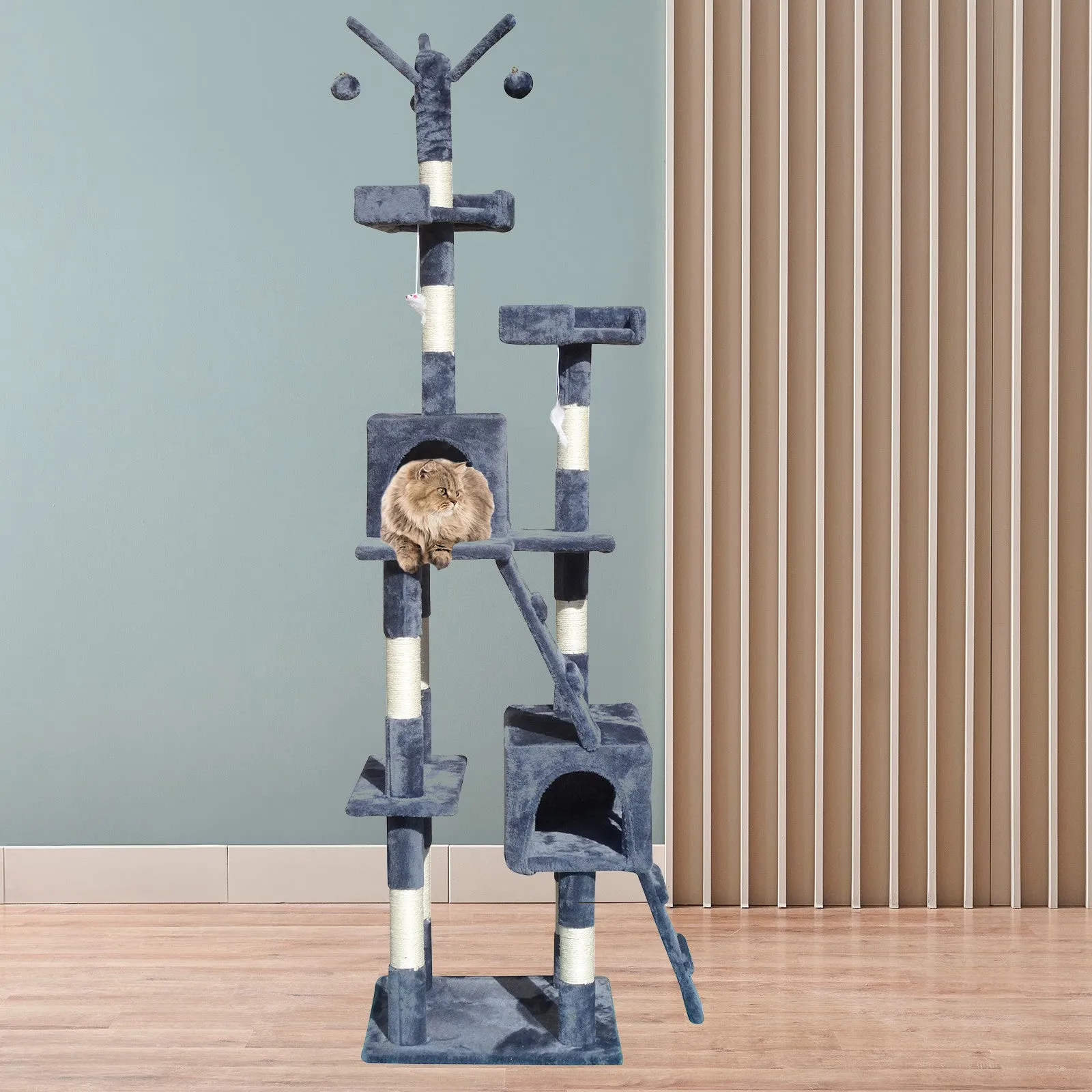 4Paws Cat Tree Scratching Post House Furniture Bed | Luxury Plush Play | 200cm | Grey