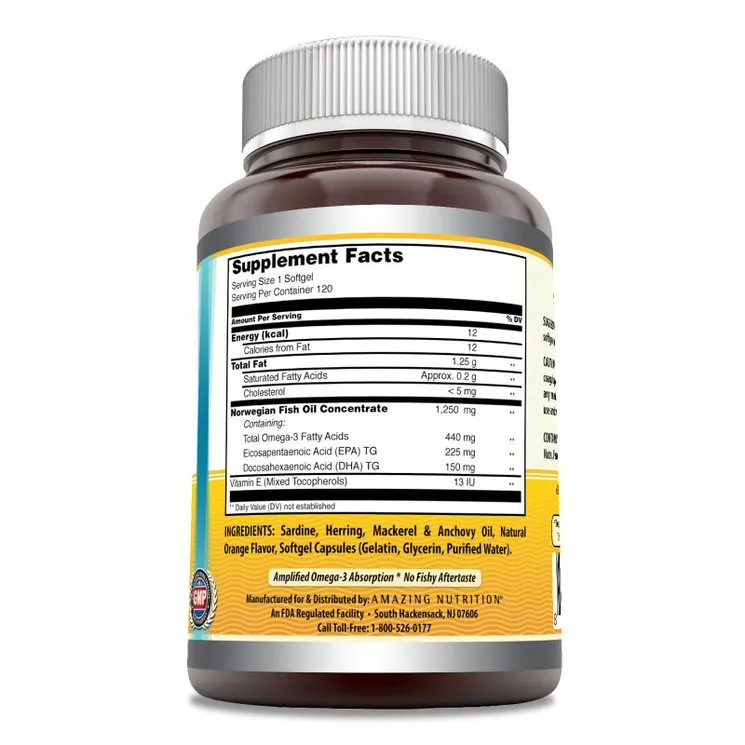 Amazing Omega Norwegian Fish Oil | 1250 Mg | 120 Softgels | Orange Flavor