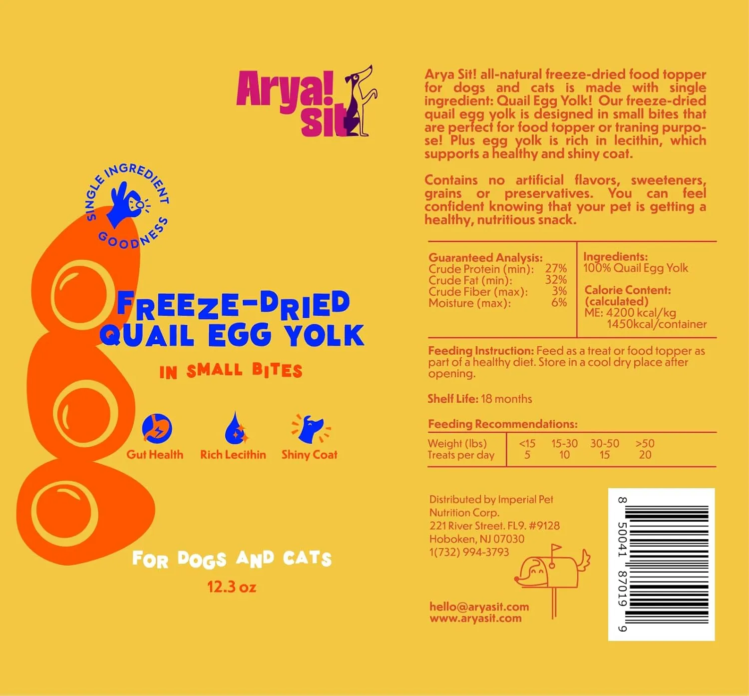 Arya Sit Freeze-Dried Treats Quail Egg Yolk in Small Bites for Dogs & Cats, 12.3-oz