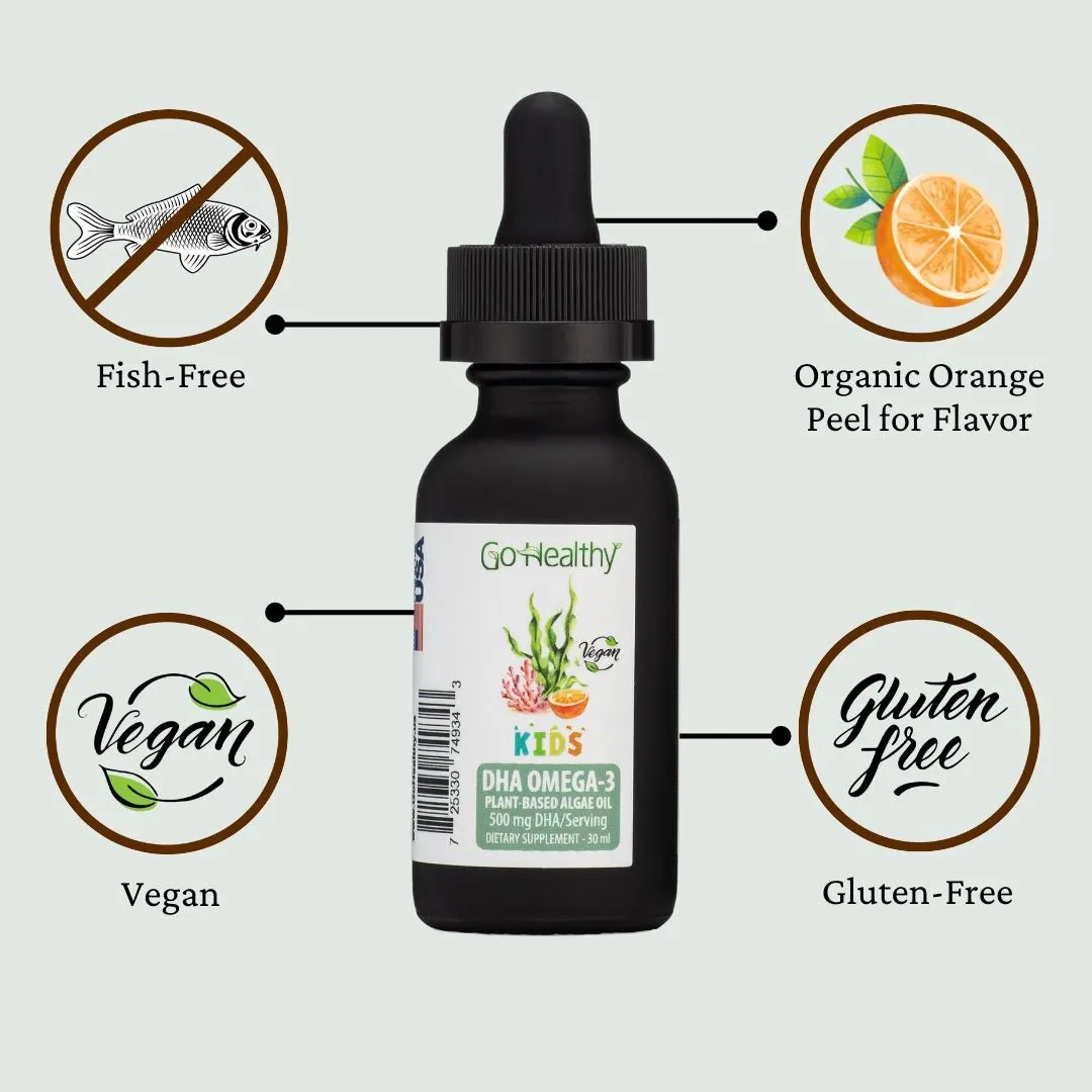 DHA Omega 3 for Kids, Toddlers & Infants - Vegan, Vegetarian, Non-GMO, Fish Oil Alternative, Organic Orange Flavor, 30-60 Servings