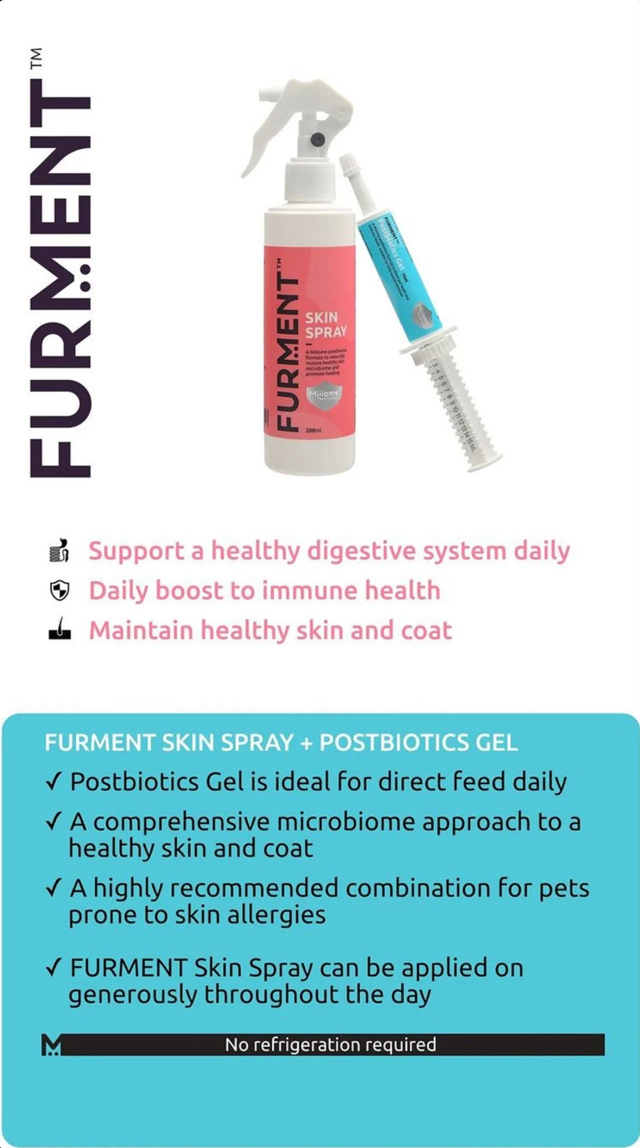 Dog Supplement Gut Support, Furment Skin Spray