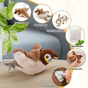 Interactive Rechargeable Cat Toy : Chirping Flapping Animals with Catnip