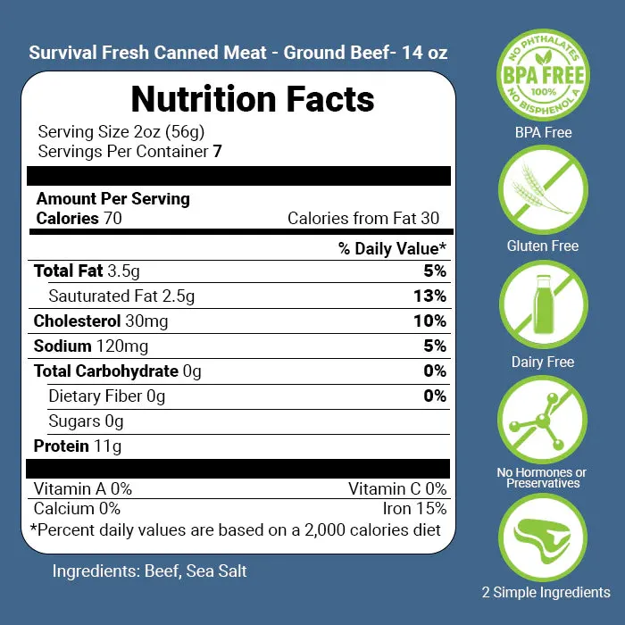 Survival Fresh Meats - Ground Beef Canned Meat 14 oz Cans - Case of 12