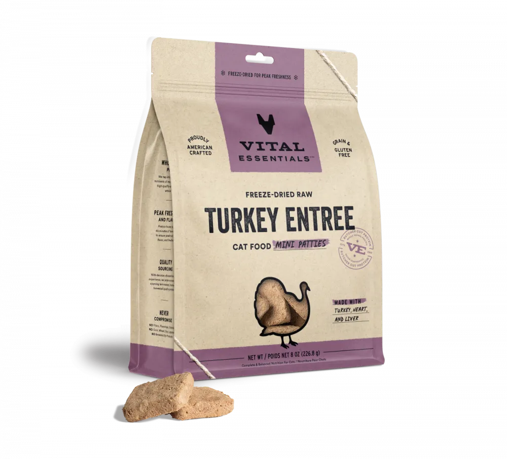 Vital Essentials Grain Free Turkey Dinner Patties Freeze Dried Raw Food for Cats